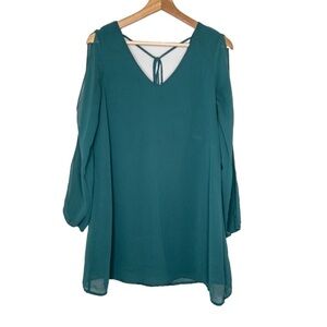 Guess Womens Size XS Green Long Sleeve Cold Shoulder Shift Mini Dress Tie Back